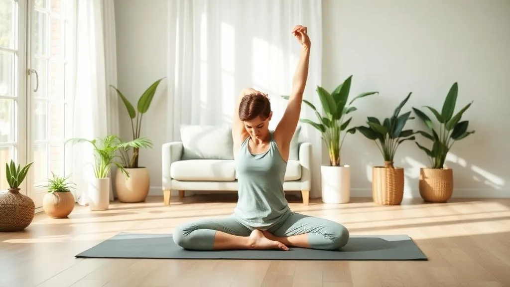 A person stretching at home in a bright, peaceful living room.