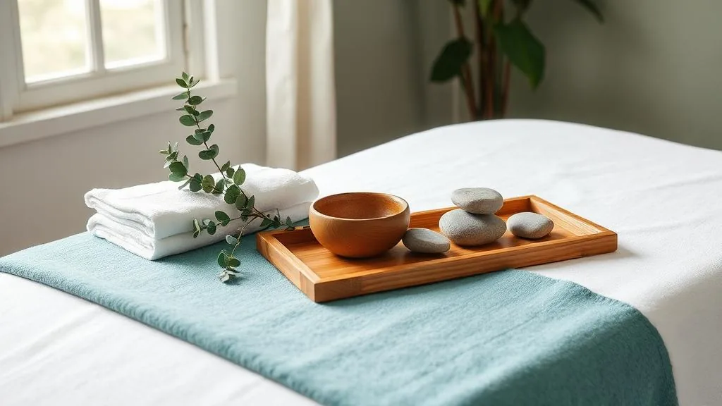 A massage table with warm towels, eucalyptus and smooth river stones.