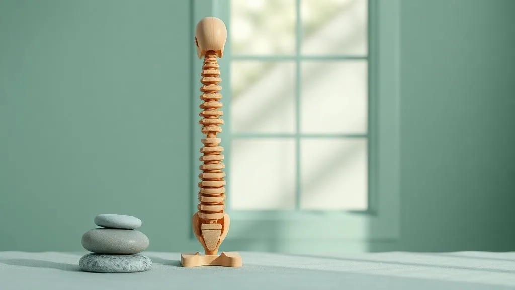 A wooden spine model and balanced stones in a calm therapy room.